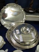 TWO SILVER PLATED SALVERS TOGETHER WITH A FURTHER CIRCULAR LIDDED TUREEN (3)