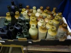 BOX CONTAINING MIXED GLASS AND STONEWARE BREWERY BOTTLES