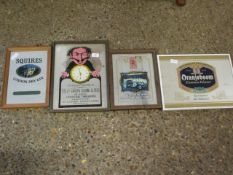 FOUR REPRODUCTION PUB STYLE MIRRORS TO INCLUDE DOLLY VARDEN ALARM CLOCKS, ROLLS ROYCE ETC