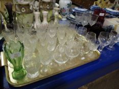 TRAY CONTAINING MIXED WINE GLASSES AND CRANBERRY JUG ETC