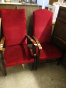 PAIR OF BEECHWOOD FRAMED ARMCHAIRS WITH RED DRALON UPHOLSTERY