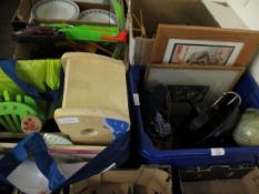 BOX CONTAINING MIXED PUPPETS, TIN GLOBE, BAG OF MIXED WOODEN CHILDREN’S TOYS ETC