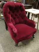 RED DRALON UPHOLSTERED NURSING CHAIR WITH MAHOGANY TURNED LEGS AND PORCELAIN CASTERS