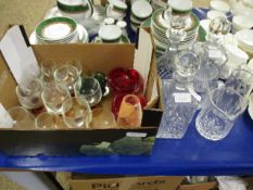QUANTITY OF MIXED GLASS WARES, DECANTERS, BRANDY BALLOONS ETC