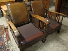 PAIR OF MID-20TH CENTURY OAK FRAMED RECLINER BERGERE TYPE ARMCHAIRS