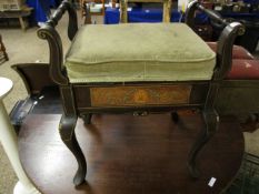 GOOD QUALITY EDWARDIAN MAHOGANY INLAID PIANO STOOL WITH SIDE RAILS AND UPHOLSTERED TOP