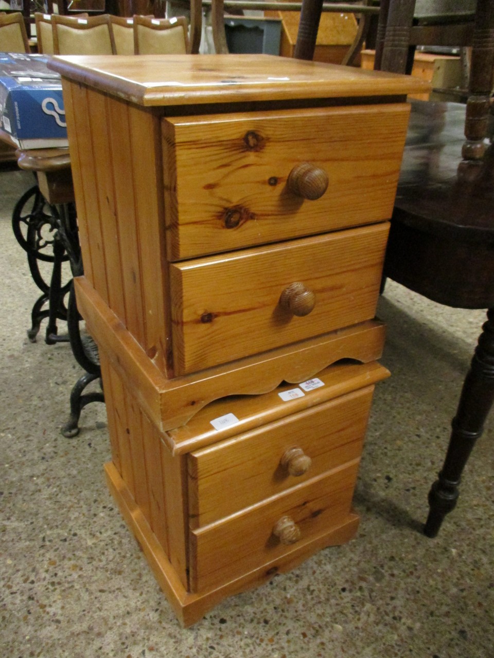 PAIR OF PINE FRAMED TWO DRAWER BEDSIDE CHEST WITH TURNED KNOB HANDLES