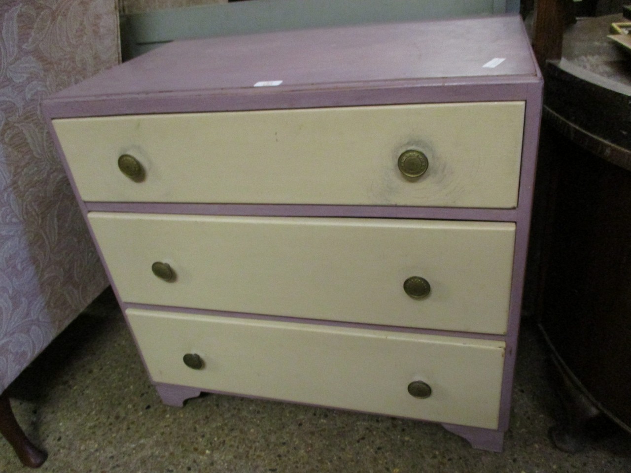 PURPLE AND CREAM PAINTED THREE FULL WIDTH DRAWER CHEST
