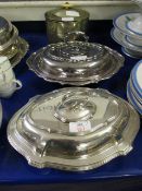 TWO SILVER PLATED TUREENS AND A FURTHER SILVER PLATED BISCUIT BARREL (3)