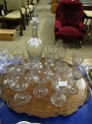 GOOD QUALITY SUITE OF CUT GLASS TO INCLUDE SIX CHAMPAGNE GLASSES, SIX WINE GLASSES, DECANTER