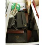 BOX OF MIXED RULERS, DRAWING EQUIPMENT, PESTLE AND MORTAR ETC