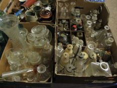 TWO BOXES OF MIXED GLASS WARES, DISHES, INK BOTTLES, PART CRUET SETS ETC (2)