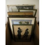 BOX CONTAINING MIXED SILHOUETTES, PRINTS, PICTURES ETC