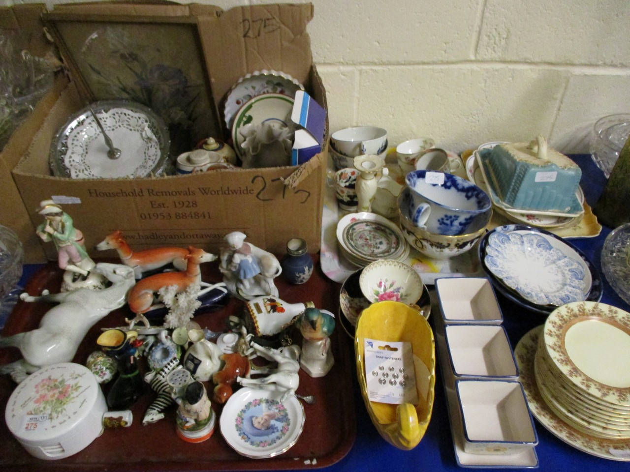 TRAY AND A BOX OF MIXED PICTURES, PLATES, ORNAMENTS TO INCLUDE PAIR OF STAFFORDSHIRE GREYHOUNDS