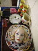 TRAY CONTAINING PAIR OF CZECHOSLOVAKIAN VASES, GOOD QUALITY DAMAGED WALL MASK, PLATES ETC