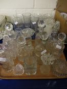 TRAY CONTAINING GOOD QUALITY CUT GLASS DECANTERS, CLEAR GLASS VASES ETC