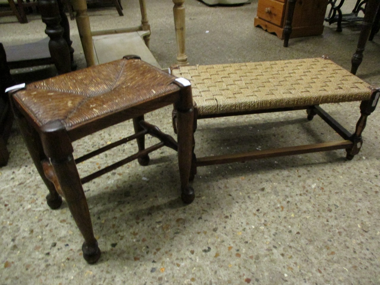 LATE 18TH CENTURY OAK FORMED STOOL WITH PAD AND BALL FEET AND WICKER TOP TOGETHER WITH A FURTHER OAK