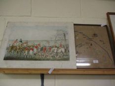 UNFRAMED HUNTING PRINT ENTITLED “DEATH” TOGETHER WITH AN EMBROIDERED PICTURE OF NORFOLK