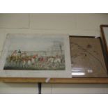 UNFRAMED HUNTING PRINT ENTITLED “DEATH” TOGETHER WITH AN EMBROIDERED PICTURE OF NORFOLK