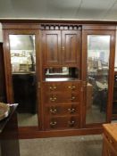 EDWARDIAN MAHOGANY AND SATINWOOD BANDED COMBINATION WARDROBE WITH TWO MIRRORED DOORS, CENTRALLY