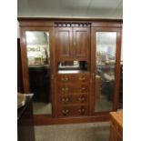 EDWARDIAN MAHOGANY AND SATINWOOD BANDED COMBINATION WARDROBE WITH TWO MIRRORED DOORS, CENTRALLY