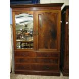 EDWARDIAN MAHOGANY AND SATINWOOD BANDED WARDROBE WITH ONE MIRRORED DOOR AND PANELLED DOOR ABOVE