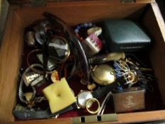 ROSEWOOD AND BRASS INLAID BOX CONTAINING MIXED COSTUME JEWELLERY, WRIST WATCHES, SILVER MATCHBOX