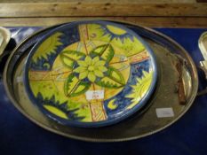 SILVER PLATED TWO HANDLED TRAY, FURTHER DISH AND A PAIR OF TERRACOTTA CHARGERS