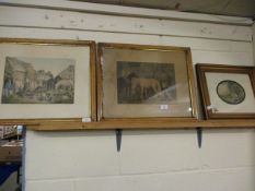 TWO FARMYARD COLOURED PRINTS, TOGETHER WITH A FURTHER GILT FRAMED PRINT (2)