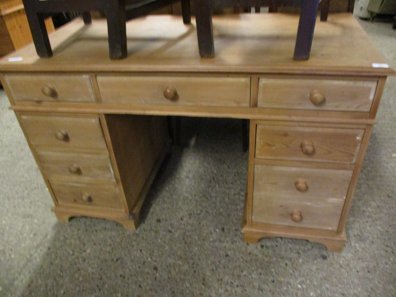 PINE TWIN PEDESTAL DESK WITH NINE DRAWERS WITH TURNED HANDLES