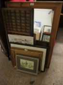 MIXED LOT OF PRINTS, PICTURES, A PRINTING TRAY AND A PINE FRAMED MIRROR