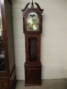 TEAK FRAMED LONGCASE CLOCK WITH SILVERED DIAL AND GLASS DOOR