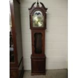 TEAK FRAMED LONGCASE CLOCK WITH SILVERED DIAL AND GLASS DOOR