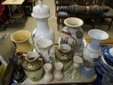 TRAY CONTAINING A PAIR OF NORITAKE VASES, AN ORIENTAL VASE, FRENCH GLASS VASE ETC