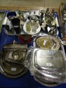 GROUP OF MIXED SILVER PLATED WARES, SALVER, TUREENS, HALF FLUTED SUGAR AND CREAM JUG AND A TRAY OF