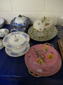 TWO TIER CAKE STAND, A DAFFODIL DECORATED PEDESTAL PLATE, BLUE AND WHITE PEDESTAL TUREEN ETC (6)