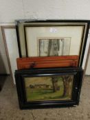 EBONISED FRAMED OIL TOGETHER WITH ASSORTED FRAMED PRINTS, PICTURES, ETCHING ETC