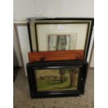 EBONISED FRAMED OIL TOGETHER WITH ASSORTED FRAMED PRINTS, PICTURES, ETCHING ETC