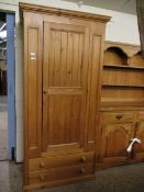 GOOD QUALITY WAXED PINE WARDROBE WITH SINGLE DOOR OVER TWO FULL WIDTH DRAWERS WITH TURNED KNOB