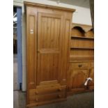 GOOD QUALITY WAXED PINE WARDROBE WITH SINGLE DOOR OVER TWO FULL WIDTH DRAWERS WITH TURNED KNOB