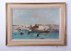 òAR John Burman (born 1936)^ Harbour scene^ probably Malta^ oil on board^ signed lower left^ 49 x