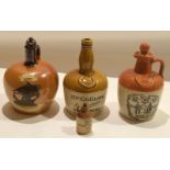 Collection of stoneware flasks including a Royal Doulton flask of Highland Whisky with a sprigged