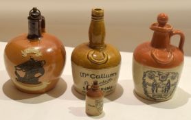 Collection of stoneware flasks including a Royal Doulton flask of Highland Whisky with a sprigged