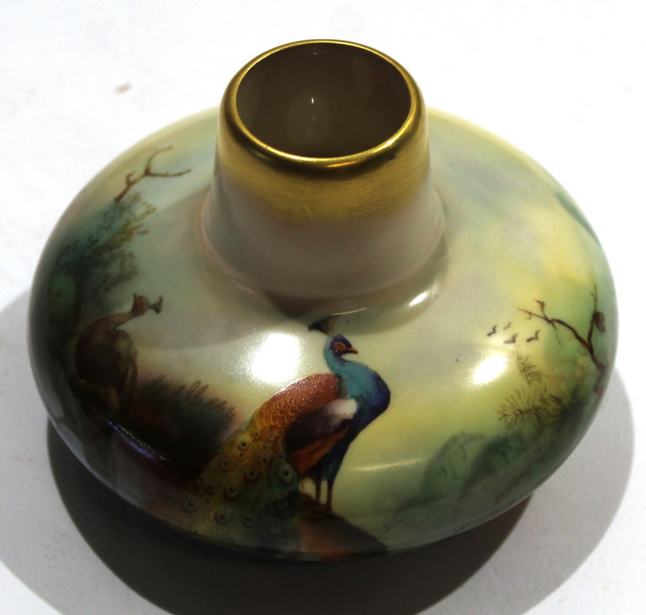 Early 20th century Royal Worcester vase decorated with a peacock^ signed A Lane