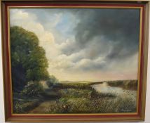 James J Allen (contemporary)^ River landscape with angler^ oil on board^ signed and dated 75 lower