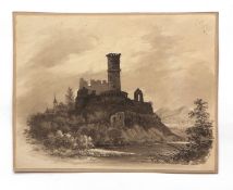 William Joy (1803-1867)^ Lakeland scene with castle^ sepia watercolour^ 23 x 29cm^ unframed