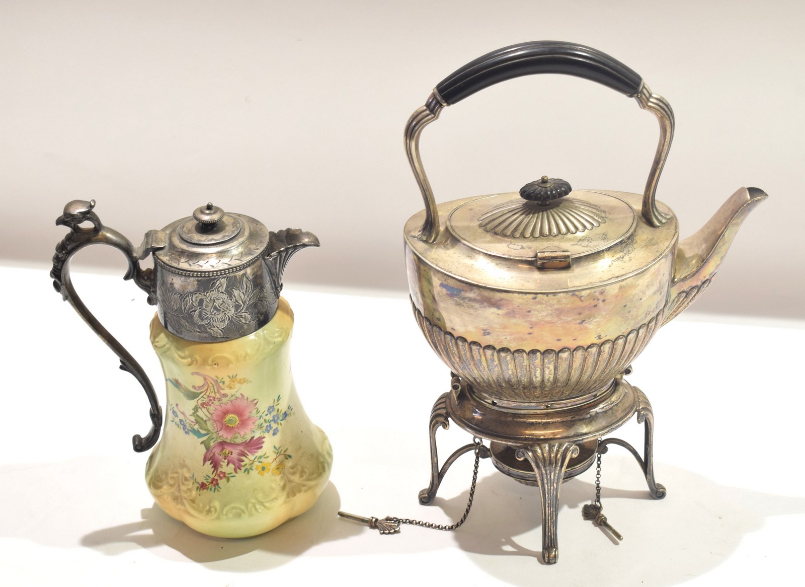 Silver plated half-fluted kettle on spirit warmer stand and silver plated mounted and pottery jug (