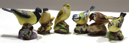 Group of six Royal Worcester bird studies including Marsh Tit^ Wood Warbler^ Blue Tit and others (