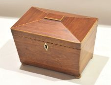 Rosewood simulated tea caddy^ sarcophagus top open interior fitted with two compartments^ 19cm wide
