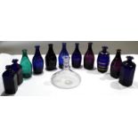 Group of Bristol Blue glass decanters with various names^ Brandy^ Hollands etc^ mainly blue glass^